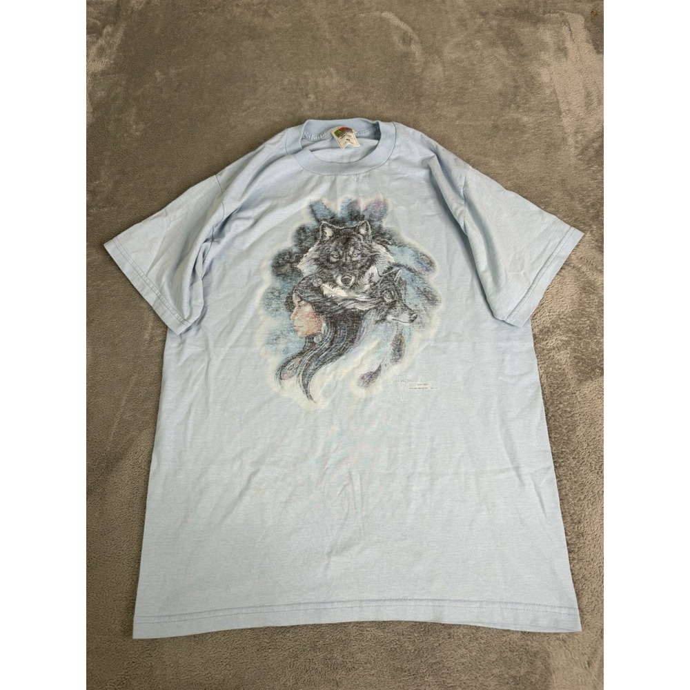 Vintage 90s Wolf Nature T Shirt Men's Size Medium Blue